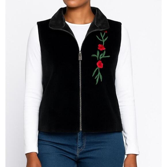 Skea Paris Vail vest velour velvet embroidered flowers black Vintage Unique SZ M - Picture 1 of 12
